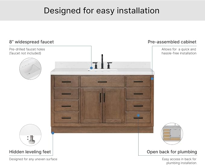 ARIEL Hepburn 60-inch Bathroom Vanity with Sink,Solid Wood, 1.5-inch Carrara White Quartz Countertop, Single Rectangular Porcelain Sink, 2 Soft Closing Doors, 9 Dovetail Drawers, Brown Oak
