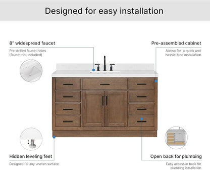 ARIEL Hepburn 60-inch Bathroom Vanity with Sink,Solid Wood, 1.5-inch Carrara White Quartz Countertop, Single Rectangular Porcelain Sink, 2 Soft Closing Doors, 9 Dovetail Drawers, Brown Oak