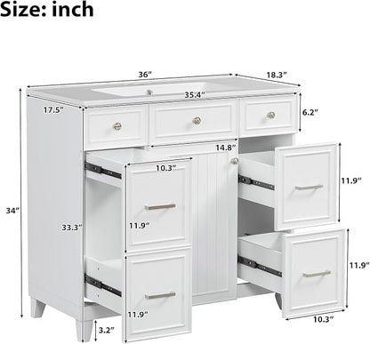 Favfurish 36" Bathroom Vanity with Ceramic Sink,Undermount Single Basin Bath Vanity Set w/Soft Closing Door and 3 Drawers,Modern Freestanding Storage Cabinet,Solid Wood Frame,White