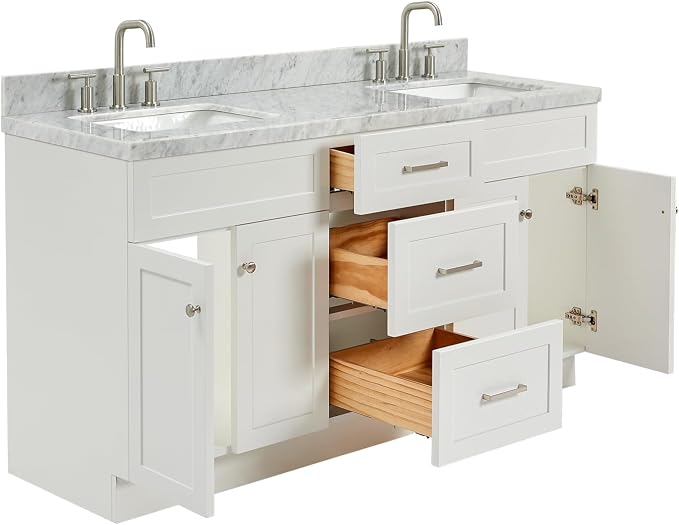 Bradford 66" White Double Bathroom Vanity, 1.5" Edge Italian Carrara Marble Countertop, Rectangular Undermount Sinks, 2 Soft Closing Doors, 3 Dovetail Drawers, Brushed Nickel
