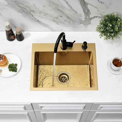 20x16 Gold Drop In Bar Sink Stainless Steel Small Outdoor Sink | Gold Kitchen Sink Wet Bar 16 Gauge Top Mount Single Bowl Sink with Drain Strainer