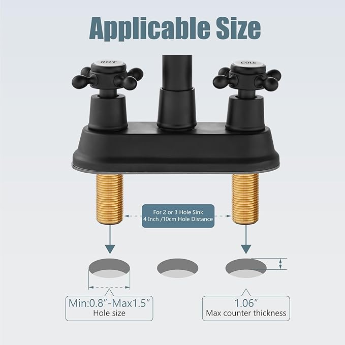 Aolemi 4 Inch Centerset Bathroom Sink Faucet Vintage 2 Cross Handle RV Mixer Tap Basin Vanity Lavatory Utility for Sink 3 Hole Include Hoses Pop Up Drain Faucet Handle with Label Matte Black