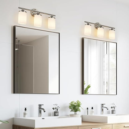 Jonsi Nickel Bathroom Light Fixtures 3-Light Vanity Lights Modern Wall Sconce with Milk White Shade Brushed Nickel Bathroom Light Fixture Over Mirror for Bedroom Hallway Kitchen