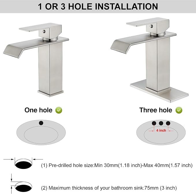 Midanya Waterfall Bathroom Sink Faucet 1 Hole,Brushed Nickel | with cUPC Hoses,Pop Up Drain,Deck Plate,for 1 or 3 hole sink,Vanity,RV,Lavatory,Basin,Farmhouse,Stainless Steel,Single Handle