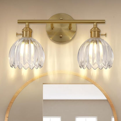 Gold 2 Light Bathroom Vanity Light,14.9in Modern Bathroom Lighting Fixtures Over Mirror with Tulip Crystal Glass Shade,Brass Vintage Vanity Lights for Bathroom Living Room Bedroom（not include bulbs)