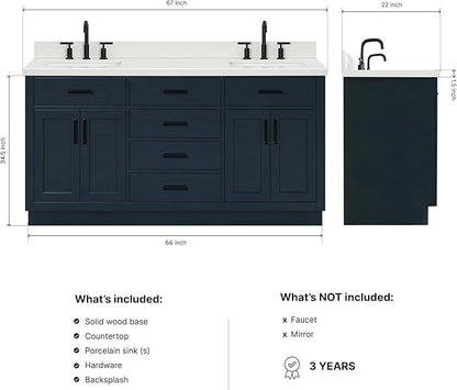 ARIEL Hepburn 66-inch Bathroom Vanity with Sink,Solid Wood, 1.5-inch Pure White Quartz Countertop, Double Rectangular Porcelain Sink, 4 Soft Closing Doors, 6 Dovetail Drawers, Midnight Blue