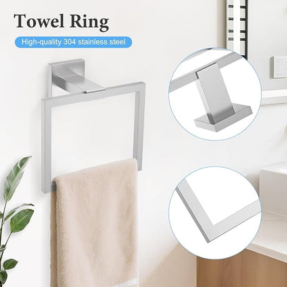 TURS Bathroom Hardware Set Brushed Nickel 4-Piece Towel Bar Set Include 24 Inch Towel Bar Towel Ring Towel Hook Toilet Paper Holder with Shelf Wall Mounted.