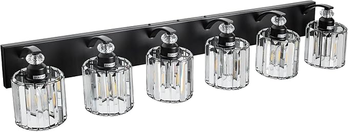 6-Light Black Bathroom Light Fixture Modern Vanity Lights Over Mirror Vintage Wall Sconce Lighting for Bathroom, Bedroom, Living Room, Hallway E26 Base with Crystal Bathroom Vanity Light