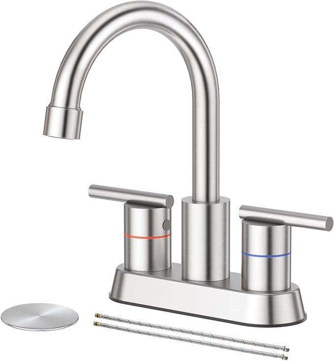 Faustina Brushed Bathroom Faucet, 4 Inch Centerset Faucets for Sink 2 Holes 3 Holes，Two Handles 304 Stainless Steel Bathroom Sink Faucet with Pup up Drain and 2 cUPC Water Supply Lines for RV Vanity