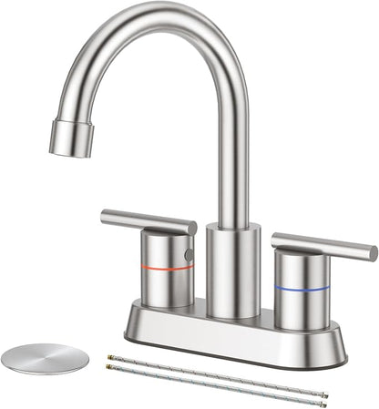 Faustina Brushed Bathroom Faucet, 4 Inch Centerset Faucets for Sink 2 Holes 3 Holes，Two Handles 304 Stainless Steel Bathroom Sink Faucet with Pup up Drain and 2 cUPC Water Supply Lines for RV Vanity