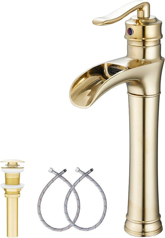 Brushed Gold Bathroom Faucet GGStudy Waterfall Bathroom Faucet Single Handle One Hole Tall Body Farmhouse Bathroom Vessel Sink Faucet Vanity Faucet Matching with Pop Up Drain