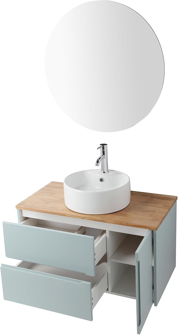 36 inch Bathroom Vanity with Sink and Solid Wood Countertop, Wall Mounted Bathroom Vanity Cabinet with 2 Drawers & 1 Door, Modern Floating Bathoom Vanity Set Include Round Ceramic Basin Sink & Mirror