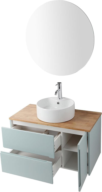 36 inch Bathroom Vanity with Sink and Solid Wood Countertop, Wall Mounted Bathroom Vanity Cabinet with 2 Drawers & 1 Door, Modern Floating Bathoom Vanity Set Include Round Ceramic Basin Sink & Mirror