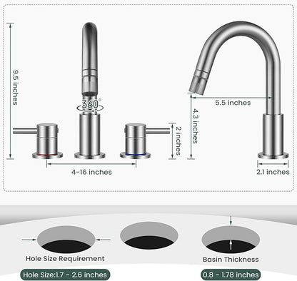 Pull Down Bathroom Faucet for Sink 3 Hole,8 inch Widespread Brushed Nickel Bathroom Sink Faucet with Pop Up Drain, Water Supply Hoses