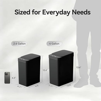 FRESHLIX Bathroom Automatic Trash Can, 4 Gallon Touchless Motion Sensor Small Garbage Can with Lid Smart Electric Narrow Waterproof Garbage Bin for Bedroom Office, Black