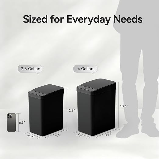 FRESHLIX Bathroom Trash Can, 2.6 Gallon Automatic Motion Sensor Touchless Garbage Can, Waterproof Trash Bin with Lid, Narrow Small Waste Bin for Kitchen, Office, Bedroom, Black