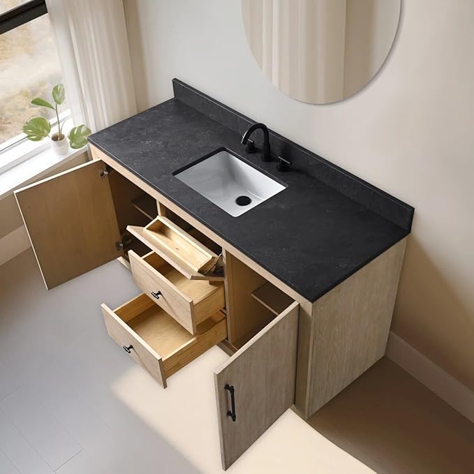 Vanity Art 60" Bathroom Vanity with Sink, Vanity Cabinet with Doors and Shelf, Modern Wood Bathroom Vanity with White Marble Top, Solid Wood Frame, 3 Functioning Drawers,VA70-60-SLW-E