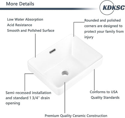 Bathroom Vessel Sink 15.5'' x 11.9'' Small Semi Recessed Bathroom Sink Rectangular Drop In Sink with Overflow White Ceramic Modern Vessel Sinks for Bathroom