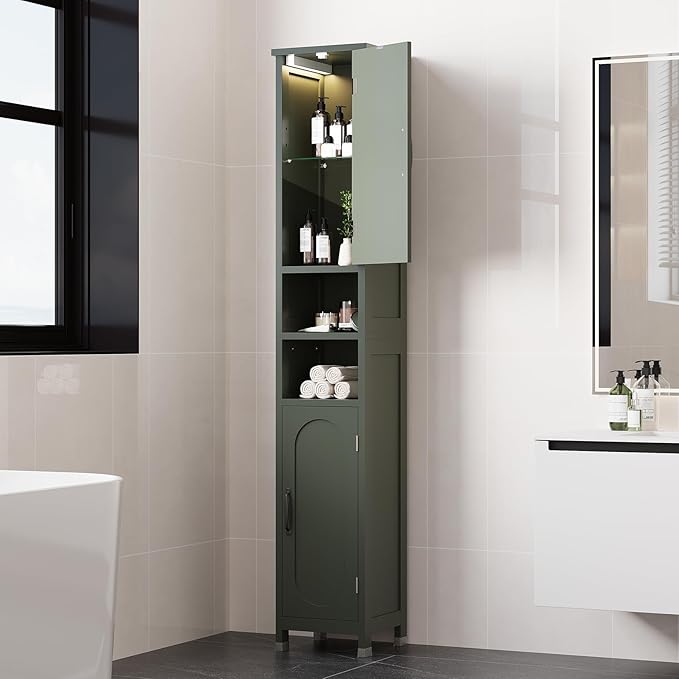 67" Tall Bathroom Storage Cabinet with Lights, Slim Narrow Bathroom Cabinet Organizer with Doors and Adjustable Shelves, Tall Cabinet for Small Space (66.9" Tall-Green with Light)