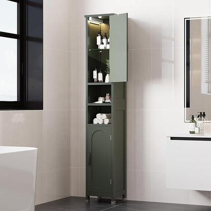 67" Tall Bathroom Storage Cabinet with Lights, Slim Narrow Bathroom Cabinet Organizer with Doors and Adjustable Shelves, Tall Cabinet for Small Space (66.9" Tall-Green with Light)