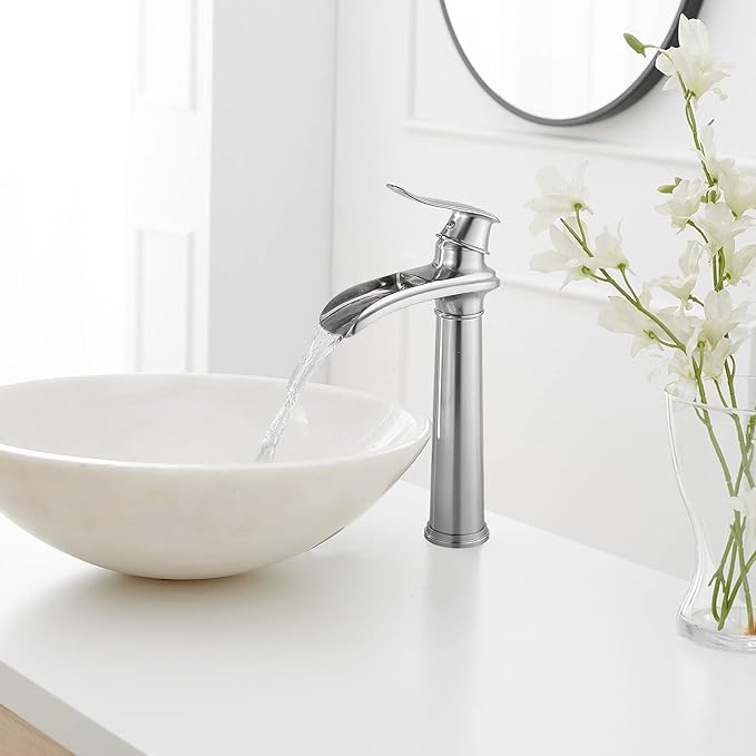 BWE Vessel Sink Faucet Brushed Nickel Tall Waterfall Bathroom Faucet Deck Mount Single Handle One Hole Lavatory Vanity Faucet with Pop Up Drain Assembly and Supply Hose