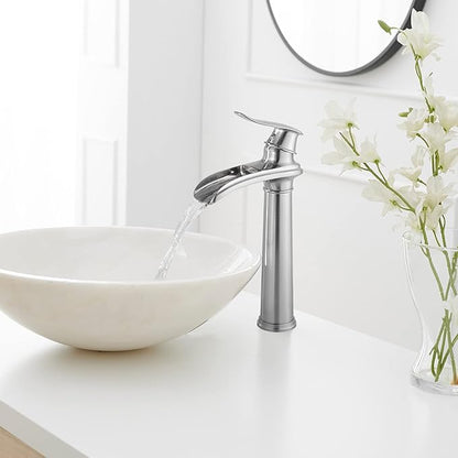 BWE Vessel Sink Faucet Brushed Nickel Tall Waterfall Bathroom Faucet Deck Mount Single Handle One Hole Lavatory Vanity Faucet with Pop Up Drain Assembly and Supply Hose