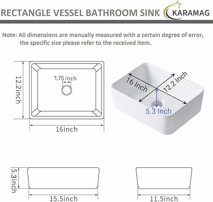 White Vessel Sink Rectangle 16"x12" Bathroom Sink Rectangular Modern Above Counter 16 Inch Small Bathroom Sinks White Porcelain Ceramic Vessel Vanity Sinks Art Basin