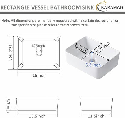 White Vessel Sink Rectangle 16"x12" Bathroom Sink Rectangular Modern Above Counter 16 Inch Small Bathroom Sinks White Porcelain Ceramic Vessel Vanity Sinks Art Basin