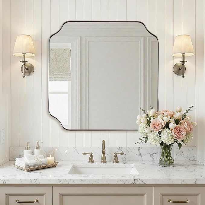 24"x24" Brushed Nickel Square Mirror, Silver Bathroom Mirror for Wall, Modern Scalloped Mirror in Anti-Rust Stainless Steel Frame, Styled Scalloped Edge Design Ideal for Home Decor