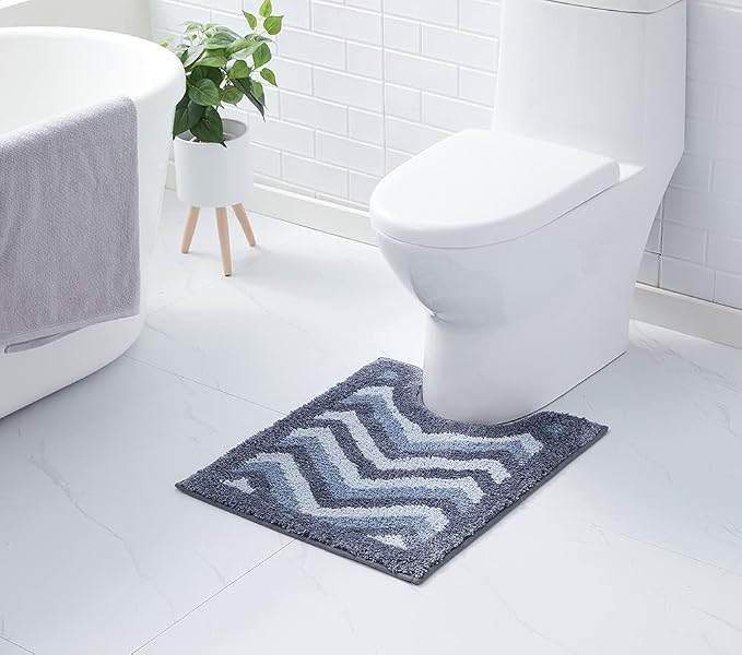 Hearth & Harbor Bathroom Rugs, Shaggy Plush Bath Mat, Ultra Soft Non Slip Backing Rubber, Chevron Design Bath Rug, Blue/Grey, 20 x 24 Inch