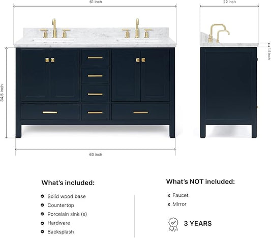 ARIEL Cambridge 60-inch Bathroom Vanity with Sink,Solid Wood, 1.5-inch Italian Carrara Marble Countertop, Double Rectangular Porcelain Sink, 4 Soft Closing Doors, 6 Dovetail Drawers, Midnight Blue