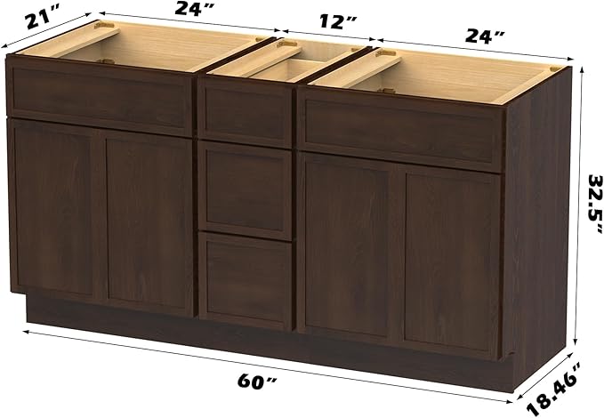 HomeBeyond 60 Inches Bathroom Vanity Base Cabinet Without Sink, Double Sink Top Sturdy Floor Mounted Cabinet with Door & Soft Closing Drawers,Brown, VA4124-2+VA4112-3