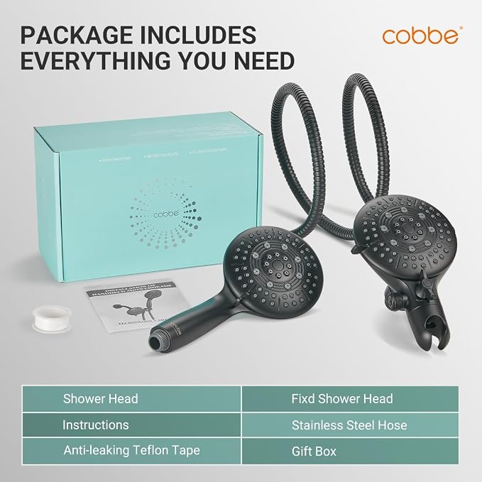 Cobbe® Dual Shower Head Combo, Handheld & Fixed, Matte Black | Two Full-Size Shower Heads, 59'' Stainless Steel Hose, Water Saving with 3-Way Water Diverter, Tool-Free Installation