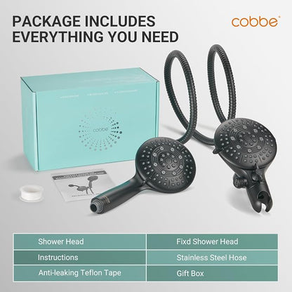 Cobbe® Dual Shower Head Combo, Handheld & Fixed, Matte Black | Two Full-Size Shower Heads, 59'' Stainless Steel Hose, Water Saving with 3-Way Water Diverter, Tool-Free Installation
