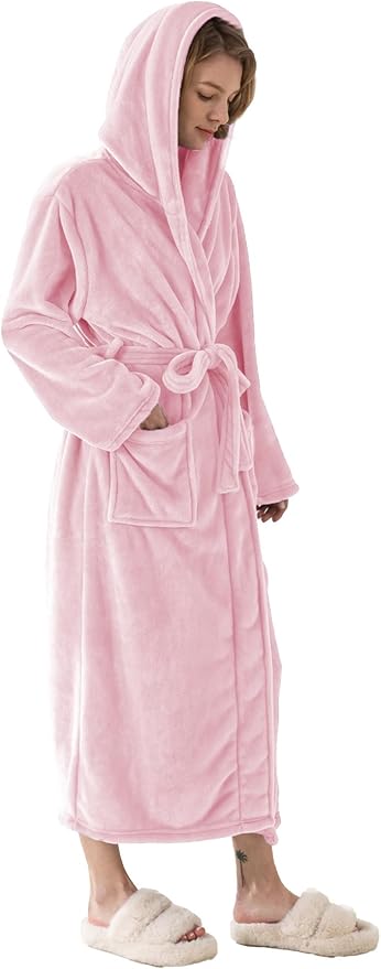 Robes for Women - Hooded Plush Fleece Bathrobe with Sash & Pockets, Full-Length Lightweight Spa Robe