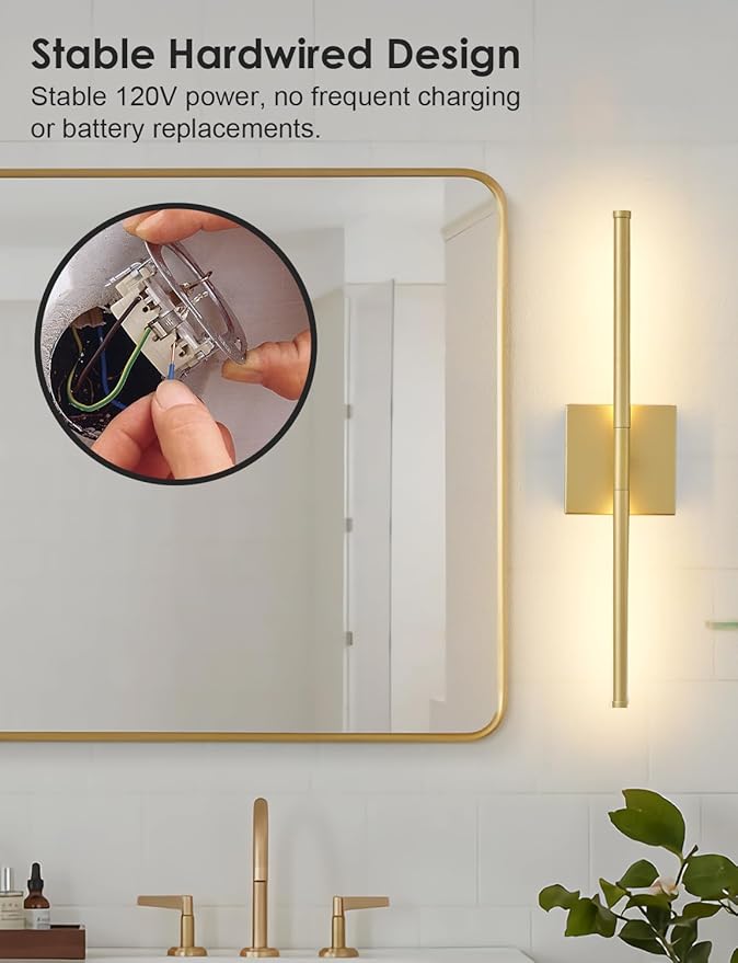 20.4 Inch Hardwired Wall Sconces Set of Two, 3000K Warm White Dimmable Modern Wall Sconces, 350° Rotate LED Light Fixtures Wall Lamp for Bathroom Living Room Bedroom Bedside, Gold
