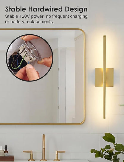 20.4 Inch Hardwired Wall Sconces Set of Two, 3000K Warm White Dimmable Modern Wall Sconces, 350° Rotate LED Light Fixtures Wall Lamp for Bathroom Living Room Bedroom Bedside, Gold