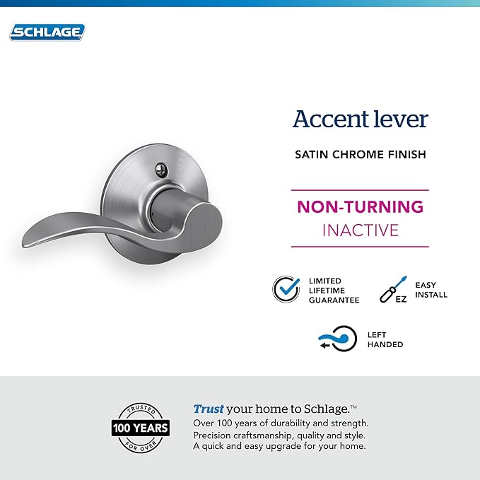 SCHLAGE F170 ACC 626 LH Accent Dummy Lever, Long, Satin Chrome