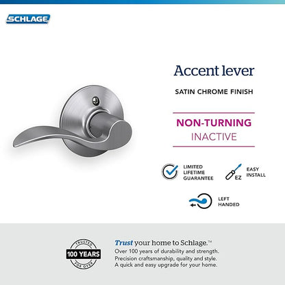 SCHLAGE F170 ACC 626 LH Accent Dummy Lever, Long, Satin Chrome