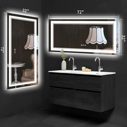 72x32 Inch LED Mirror for Bathroom | Front and Backlit, 3 Colors, Dimmable, Memory, Anti Fog, Shatterproof, Horizontal/Vertical, Lighted Mirrors for Bathroom Wall
