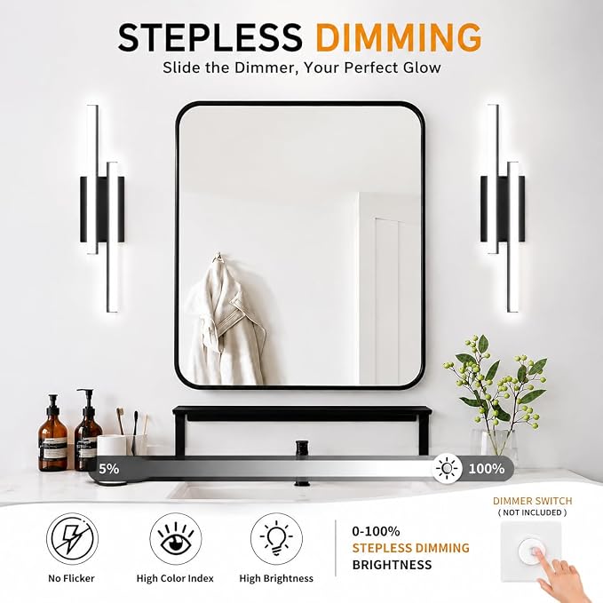 Bathroom Light Fixture Over Mirror Retractable Vanity Light Bar | 5CCT 24 Inch Modern LED Dimmable Black Bathroom Lamp IP44 25W 2200LM - Wall Light Fixture ETL Certified (2 Pack)