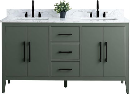 HomeBeyond 60 Inch Bathroom Vanity with Sink & Ceramic Top, Double Vanity Cabinet with Basin, Soft-Closing Doors & Matte Black Hardware, Vintage Green