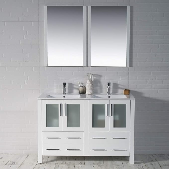 Blossom 48 Inch Solid Wood Double Sink Bathroom Vanity with Ceramic Top | Luxury Freestanding Master Bath Cabinet | 5-Layer Moisture-Resistant Finish | Soft-Close Drawers, Glossy White
