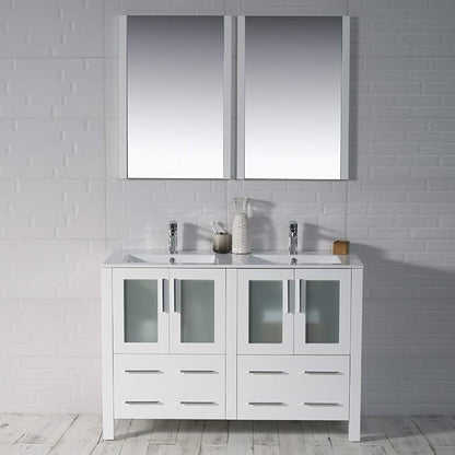 Blossom 48 Inch Solid Wood Double Sink Bathroom Vanity with Ceramic Top | Luxury Freestanding Master Bath Cabinet | 5-Layer Moisture-Resistant Finish | Soft-Close Drawers, Glossy White