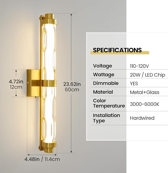 23.6" Gold Wall Sconce, Modern Vanity Light with Ripple Glass Shade, 5CCT Dimmable LED Bathroom Wall Lighting 20W for Mirror, Bedroom, Living Room, Hallway