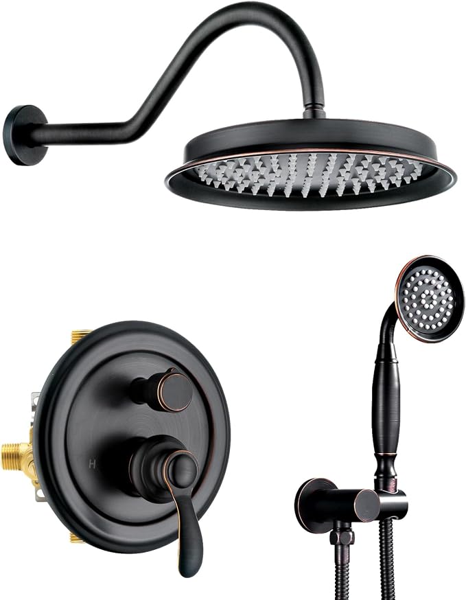 Antique Faucet Shower System with Handheld Spray | Oil Rubbed Bronze Finish, Multi-layer Plating, Vintage Rainfall, 2 Way Diverter Brass Valve, Wall Mount Easy Install