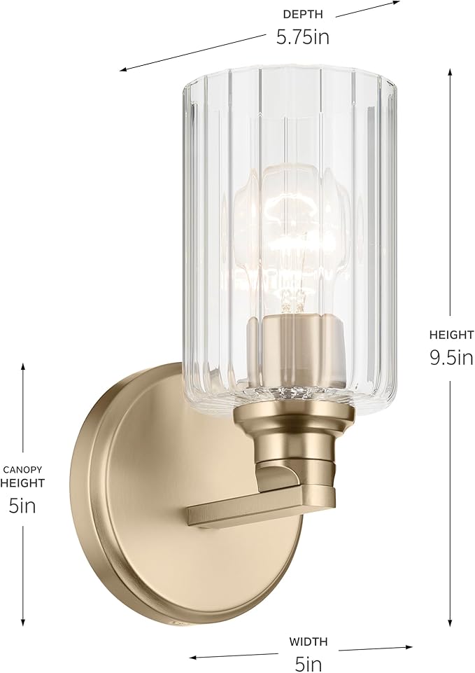 Kichler Gioe 5" 1-Light Wall Sconce with Clear Fluted Glass in Champagne Bronze, Damp Rated, for Powder Room, Kitchen, Hallway, Bedroom, Fireplace, (5" W x 9.5" H), 55224CPZFLU