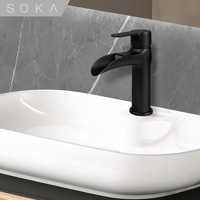 Matte Black Bathroom Faucet Waterfall Bathroom Sink Faucets Single Handle Single Hole Lavatory Washbasin Faucet with Pop Up Drain, Modern Vanity Sink Faucet