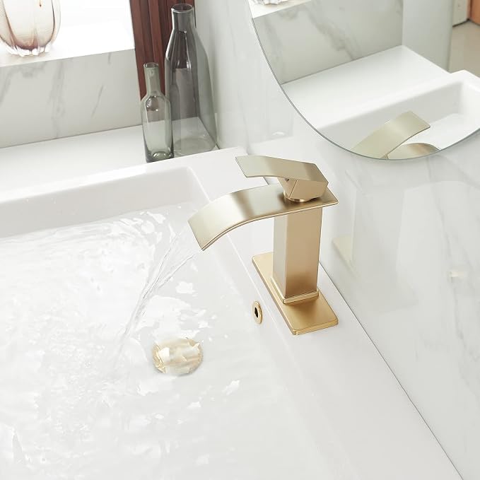 BWE Bathroom Vessel Faucet, Brushed Gold Waterfall Faucet with Pop-up Drain and Water Lines for Vanity Sink, Stainless Steel Construction