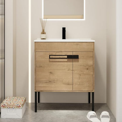 SSLine 2-in-1 Wall Mounted & Free Standing Bathroom Vanity with Sink Modern 30" Bathroom Vanity with Top Basin&Storage Cabinet Brown Oak Wood Bath Vanity w/Ceramic Sink for Small Space-Legs Removable
